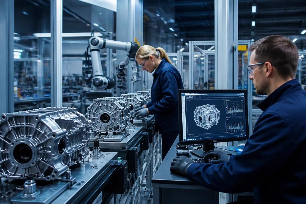 Línea de manufactura moderna con componentes metálicos, automatización y personal técnico de control de calidad